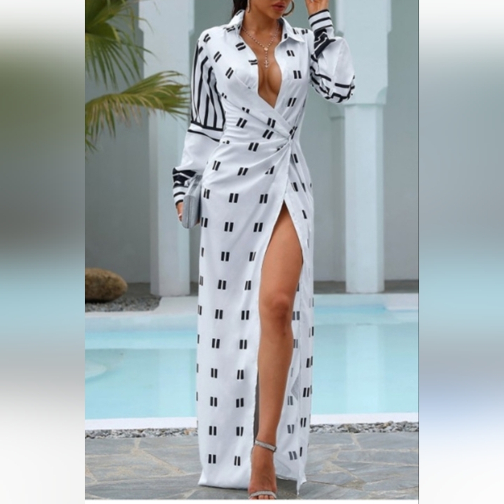 Sexy High Slit Print Shirt Dress